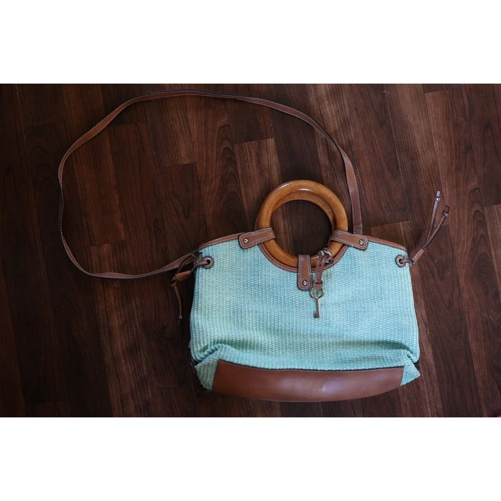 VTG Fossil 1954 Classic Seafoam Green Woven Rattan Wood Handles Strap Bag Purse
